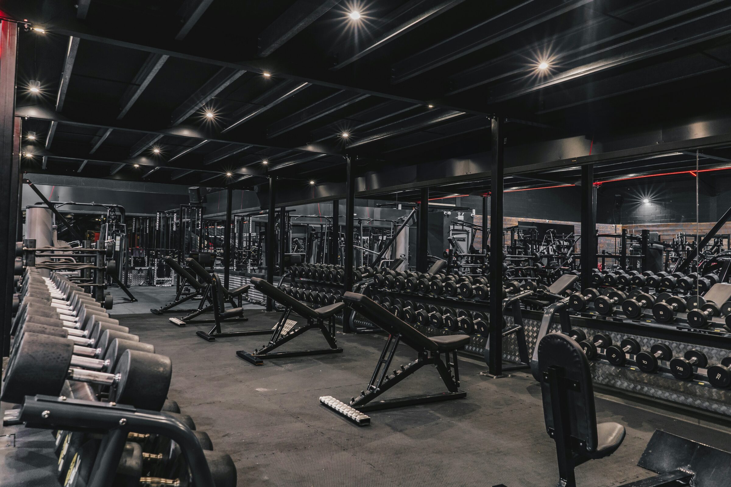 Empty gym showing rows of dumbbells and training equipment